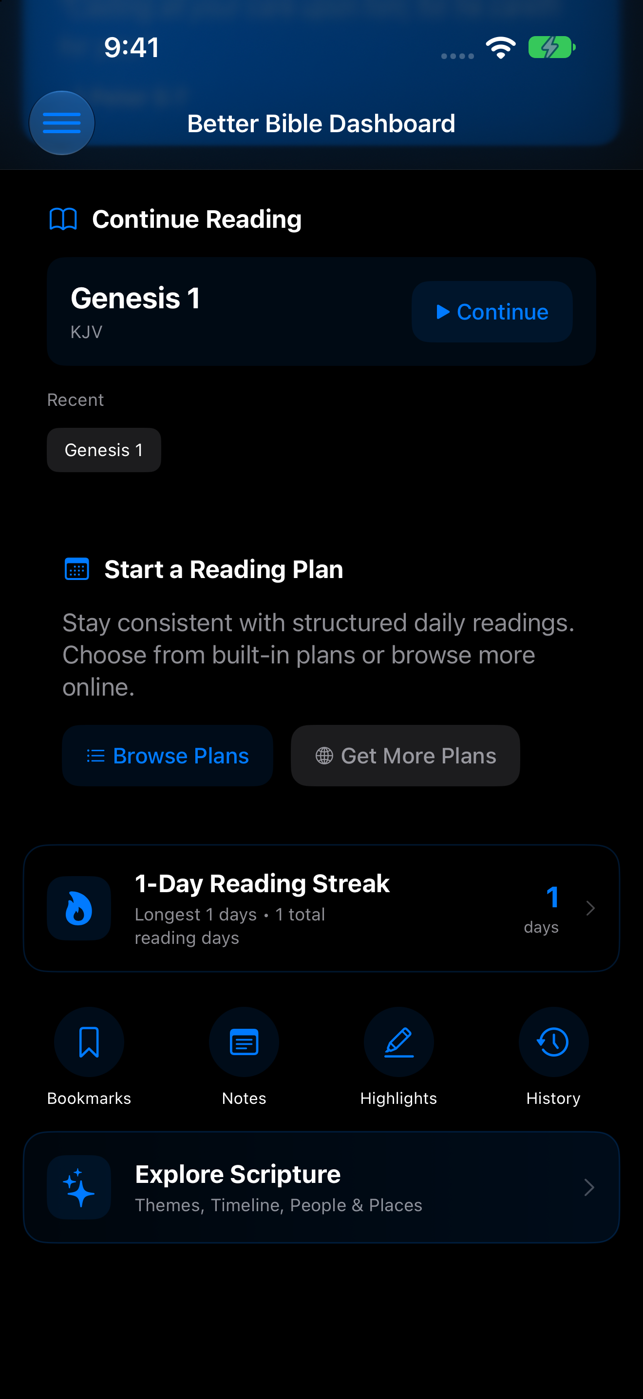 The Better Bible app on iPhone showing the dashboard with verse of the day